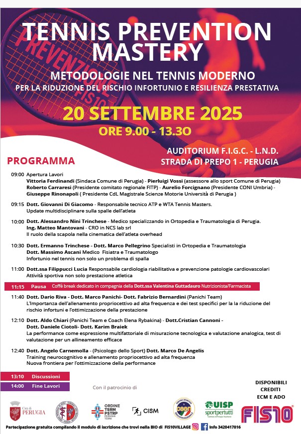 Clicca per accedere all'articolo Convegno "TENNIS PREVENTION MASTERY" 20 Settembre 2025 presso l’Auditorium F.I.G.C di Perugia